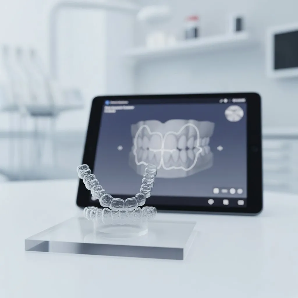 Clear aligners on a stand beside a digital 3D smile scan
